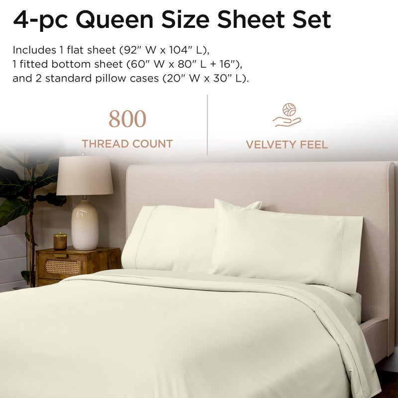 Threadmill Luxury 800 Thread Count Queen 100% Cotton Sheets - Ivory Sateen Weave Bed-Sheets, Better Than Egyptian Cotton,4 Pc Solid Soft Bed Set, Fits 16" Deep Pocket - Image 2